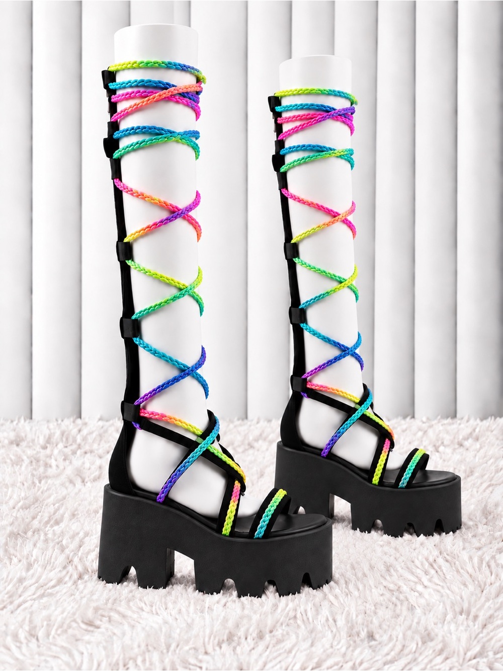 CURRENT MOOD Rainbow Lace Up Knee High Platform Sandals Lug Sole Size 7